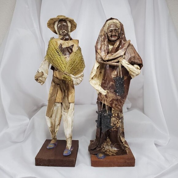 VTG handmade Mexican paper mache folk art couple Farmer & Lady Figurines - Picture 2 of 16
